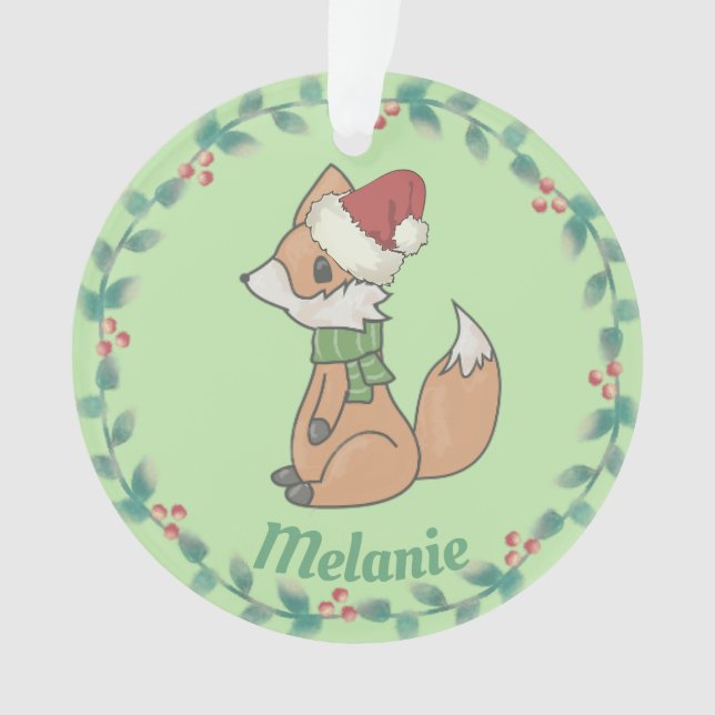 Cute Christmas Fox and Wreath Personalised Ornament (Front)