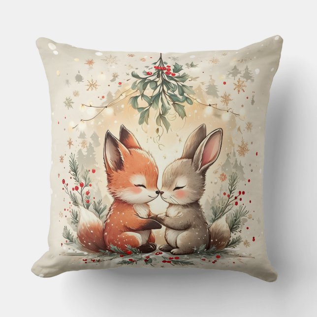 Cute Christmas Fox & Bunny Under Mistletoe Pillow (Front)