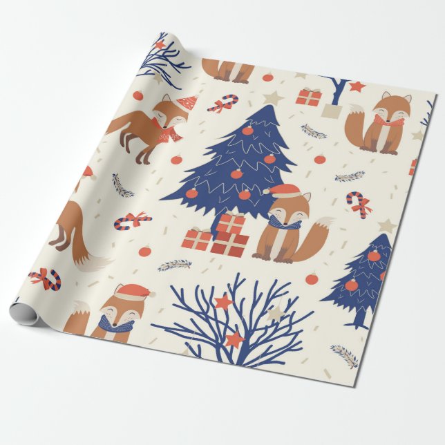 Cute Christmas Fox Pattern Wrapping Paper (Unrolled)