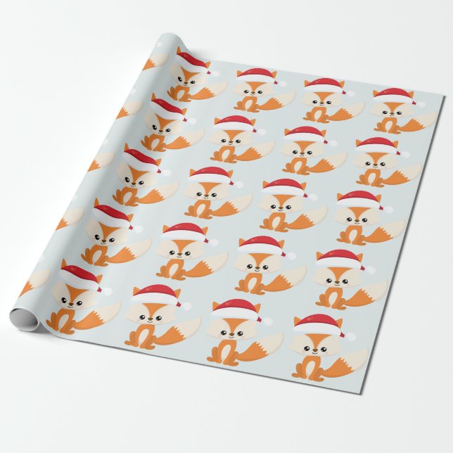 Cute Christmas Fox Santa Hat Pastel Blue Pattern Wrapping Paper (Unrolled)