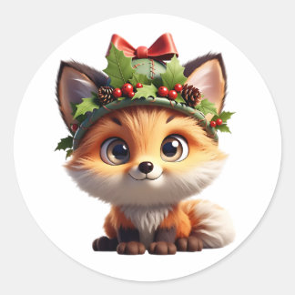 Cute Christmas Fox with Holly Berry Hat Classic Ro Classic Round Sticker