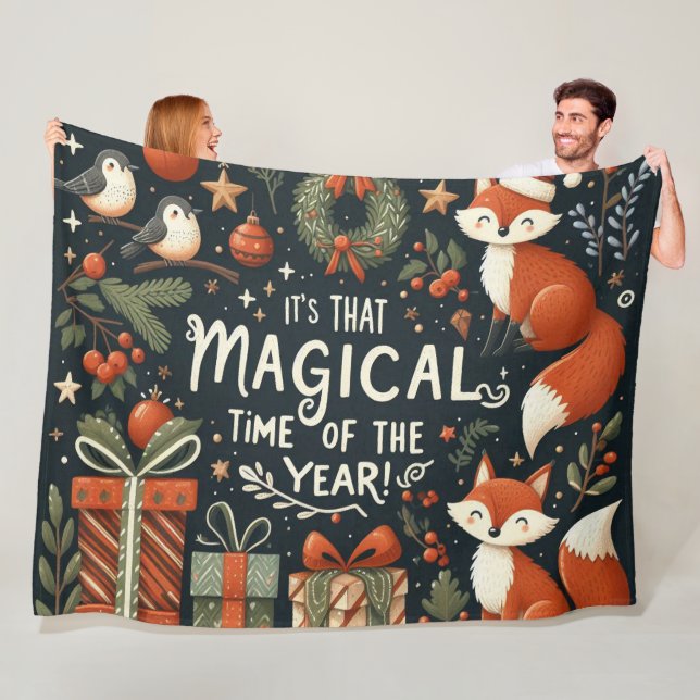 Cute Christmas Foxes and gift boxes Fleece Blanket (In Situ)