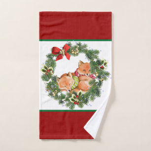 Cute Christmas Foxes with Holiday Wreath Red Hand Towel