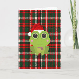 Cute Christmas Frog Holiday Card on Plaid Pattern 