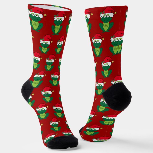 Cute Christmas Frog in Santa Hat Red Holiday Socks (Angled)