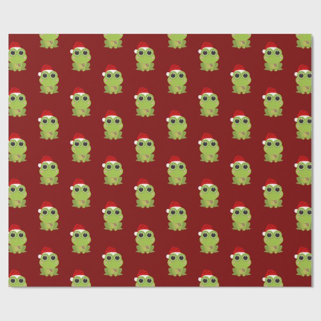 Cute Christmas Frog on Deep Burgundy Holiday Wrapping Paper (Flat)