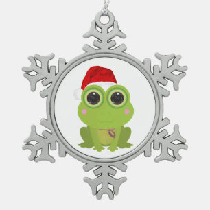 Cute Christmas Frog Santa Hat Festive Snowflake Snowflake Pewter Christmas Ornament