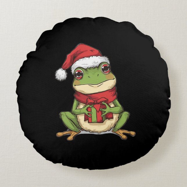 Cute Christmas Frog Sweater - Santa Frog Holding G Round Cushion (Front)