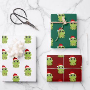 Cute Christmas Frog Trio in Classic Holiday Colour Wrapping Paper Sheet