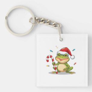Cute Christmas Frog With Candy Cane - Funny Holida Key Ring