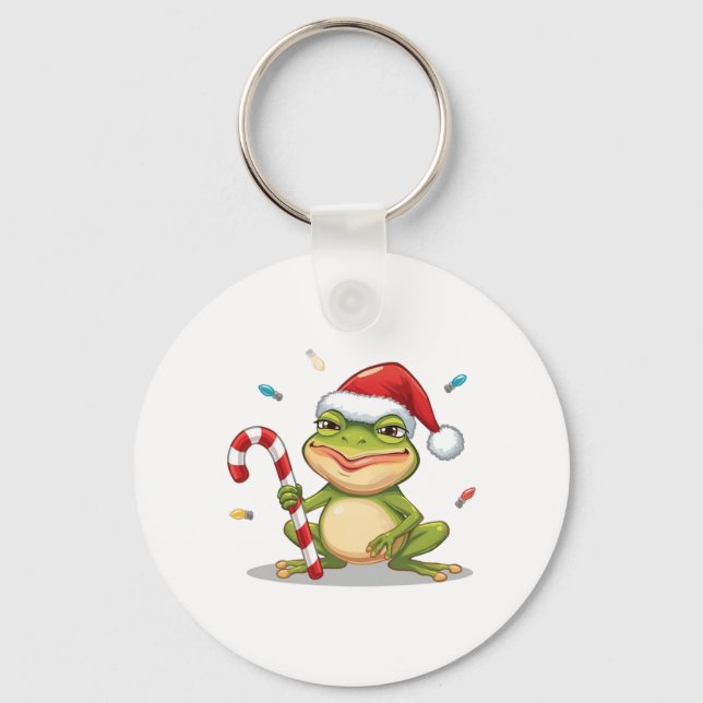 Cute Christmas Frog With Candy Cane - Funny Holida Key Ring (Front)
