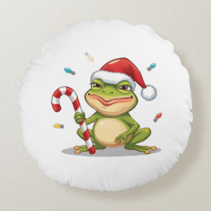 Cute Christmas Frog With Candy Cane - Funny Holida Round Cushion
