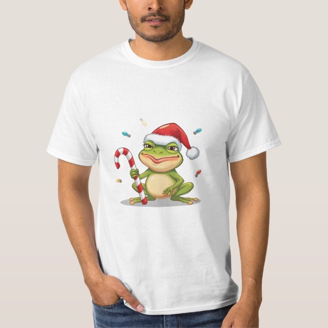 Cute Christmas Frog With Candy Cane - Funny Holida T-Shirt (Front)