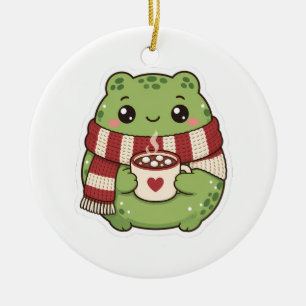 Cute Christmas Frog with Hot Cocoa and Scarf Ceramic Tree Decoration