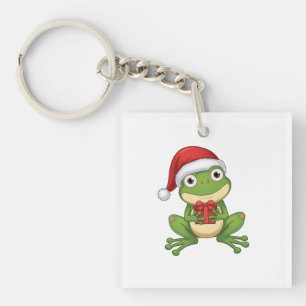 Cute Christmas Frog with Santa Hat and Gift    Fun Key Ring