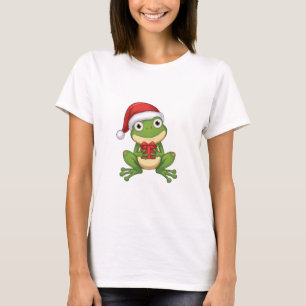 Cute Christmas Frog with Santa Hat and Gift    Fun T-Shirt