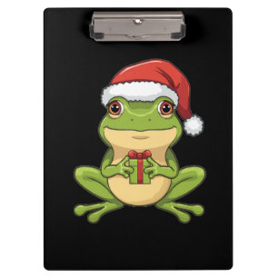 Cute Christmas Frog with Santa Hat Holding  Gift - Clipboard