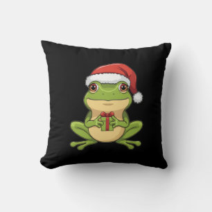 Cute Christmas Frog with Santa Hat Holding Gift - Cushion