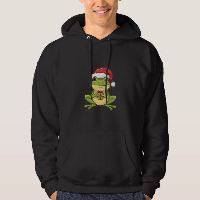 Cute Christmas Frog with Santa Hat Holding  Gift - Hoodie (Front)