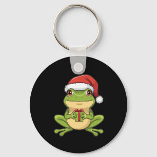 Cute Christmas Frog with Santa Hat Holding  Gift - Key Ring