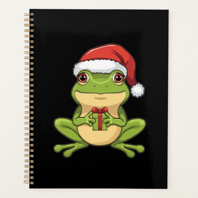Cute Christmas Frog with Santa Hat Holding  Gift - Planner (Front)