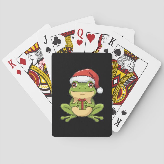 Cute Christmas Frog with Santa Hat Holding  Gift - Playing Cards (Back)