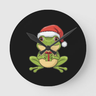 Cute Christmas Frog with Santa Hat Holding Gift - Round Clock