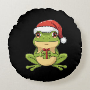 Cute Christmas Frog with Santa Hat Holding Gift - Round Cushion
