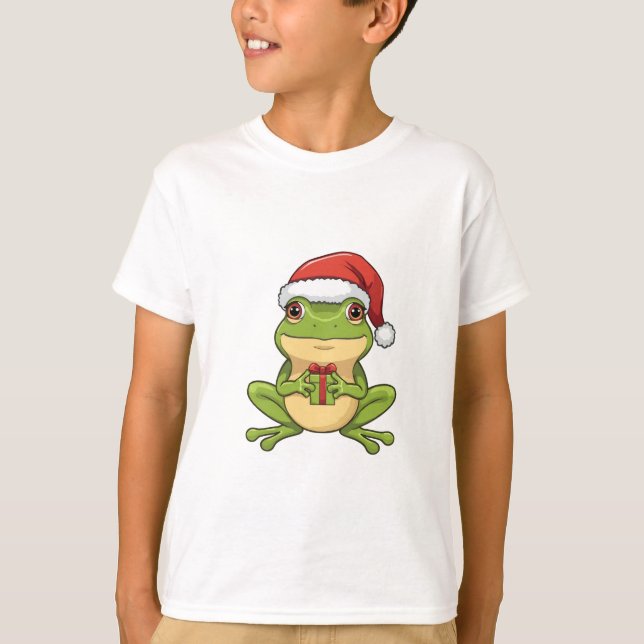 Cute Christmas Frog with Santa Hat Holding  Gift - T-Shirt (Front)