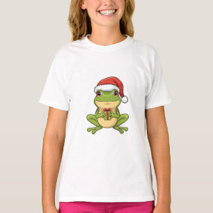 Cute Christmas Frog with Santa Hat Holding  Gift - T-Shirt