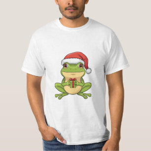 Cute Christmas Frog with Santa Hat Holding  Gift - T-Shirt