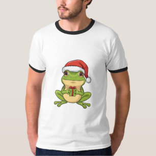 Cute Christmas Frog with Santa Hat Holding  Gift - T-Shirt