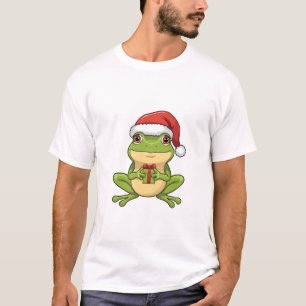 Cute Christmas Frog with Santa Hat Holding  Gift - T-Shirt
