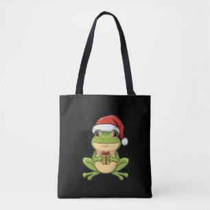 Cute Christmas Frog with Santa Hat Holding  Gift - Tote Bag