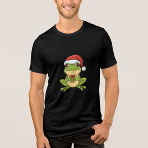 Cute Christmas Frog with Santa Hat Holding  Gift - Tri-Blend Shirt