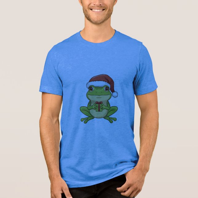 Cute Christmas Frog with Santa Hat Holding  Gift - Tri-Blend Shirt (Front)