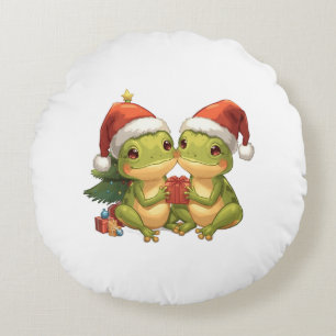 Cute Christmas Frogs Holding Gifts Adorable Holid Round Cushion