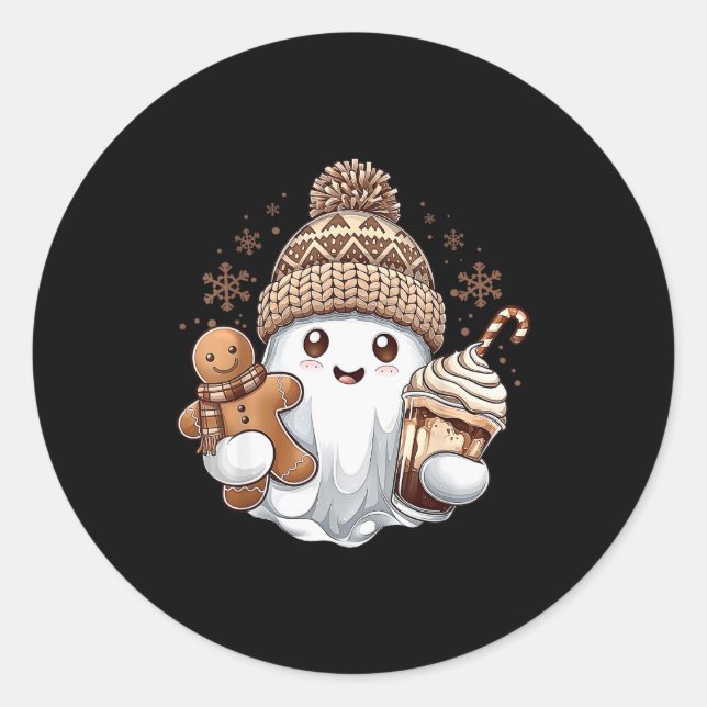 Cute Christmas Ghost Coffee Gingerbread Boojee Xma Classic Round Sticker (Front)