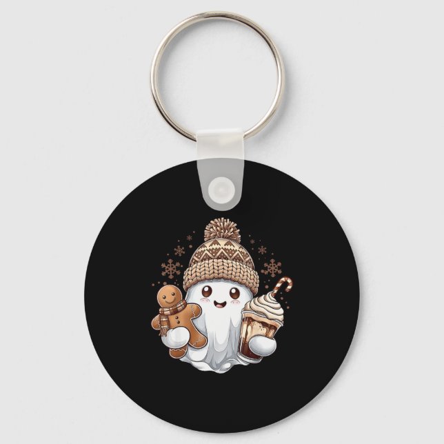 Cute Christmas Ghost Coffee Gingerbread Boojee Xma Key Ring (Front)