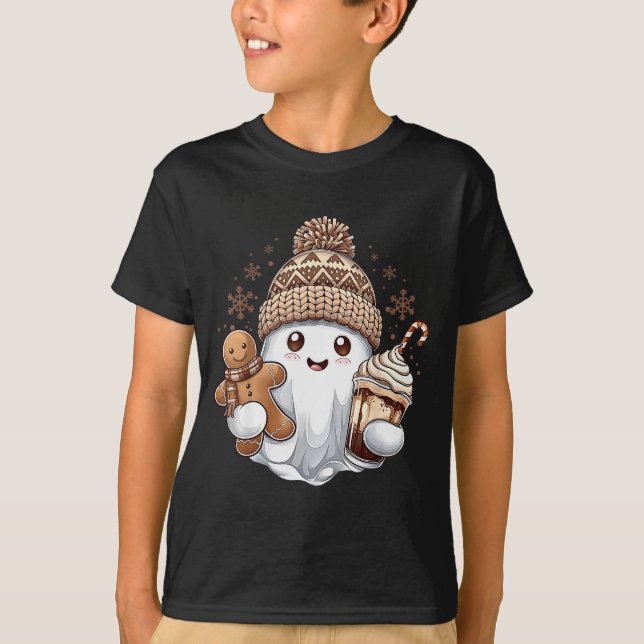 Cute Christmas Ghost Coffee Gingerbread Boojee Xma T-Shirt (Front)