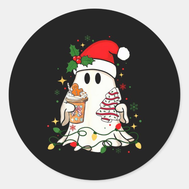 Cute Christmas Ghost Coffee Tree Cake Xmas Lights  Classic Round Sticker (Front)