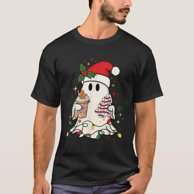 Cute Christmas Ghost Coffee Tree Cake Xmas Lights  T-Shirt (Front)