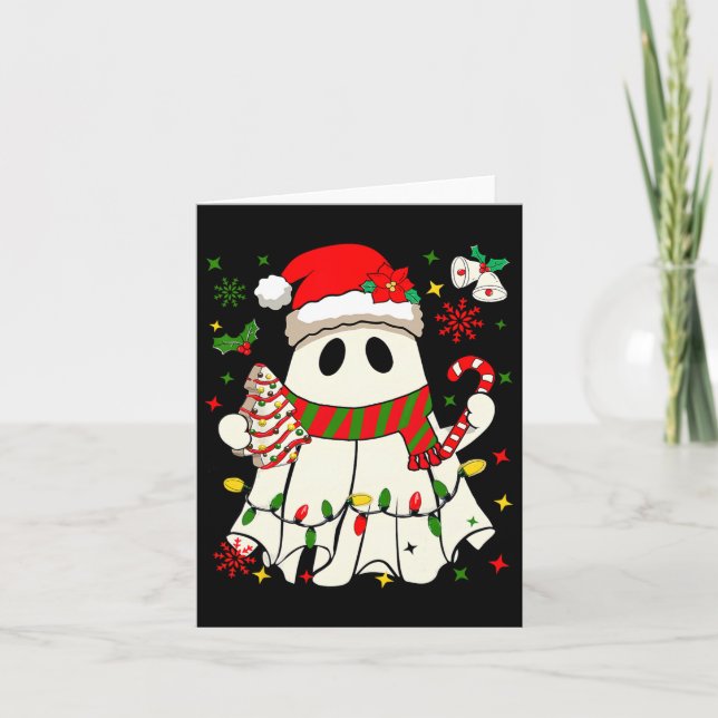 Cute Christmas Ghost Holding Tree Cake Candy Cane  Card (Front)