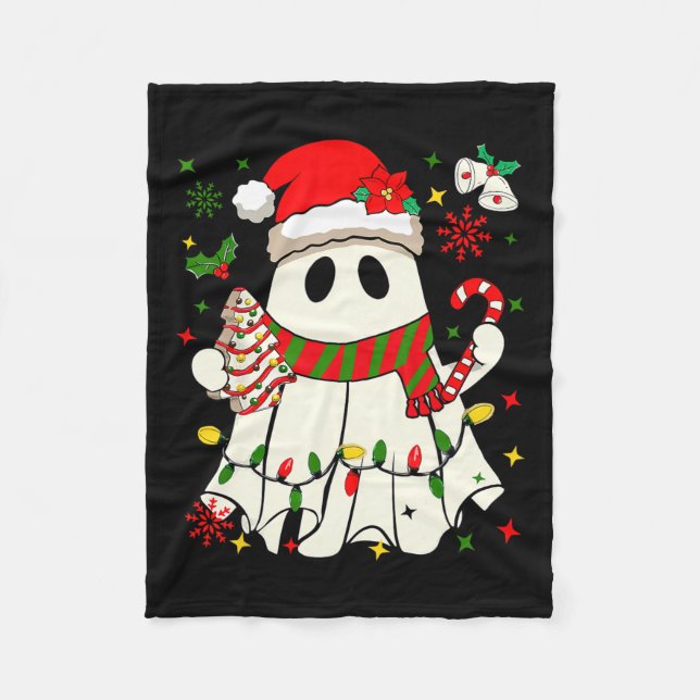 Cute Christmas Ghost Holding Tree Cake Candy Cane  Fleece Blanket (Front)