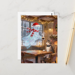 Cute Christmas Ghost Serves Cat in a Coffee shop Postcard