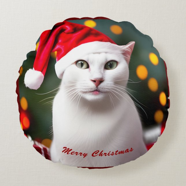 Cute Christmas Gift White Cat wearing Santa Hat Round Cushion (Front)