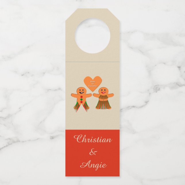 Cute Christmas Gingerbread Couple Custom Bottle Tag (Front)