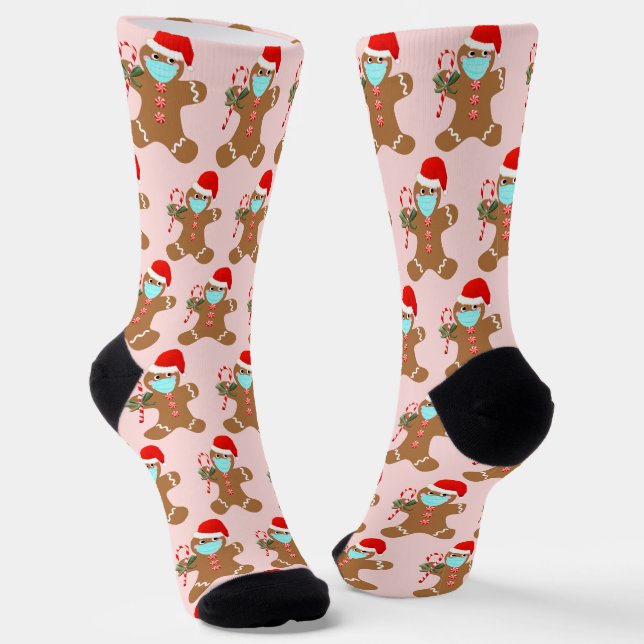 Cute Christmas Gingerbread Girly Pink Pattern Socks (Angled)