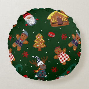 Cute Christmas Gingerbread Gnomes Reindeer Party Round Cushion