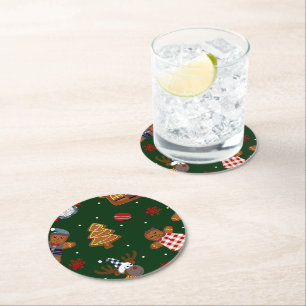 Cute Christmas Gingerbread Gnomes Reindeer Party Round Paper Coaster